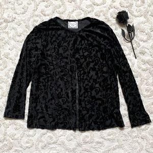 Vintage All Black Velvet Floral Sheer One Button Cardigan medium